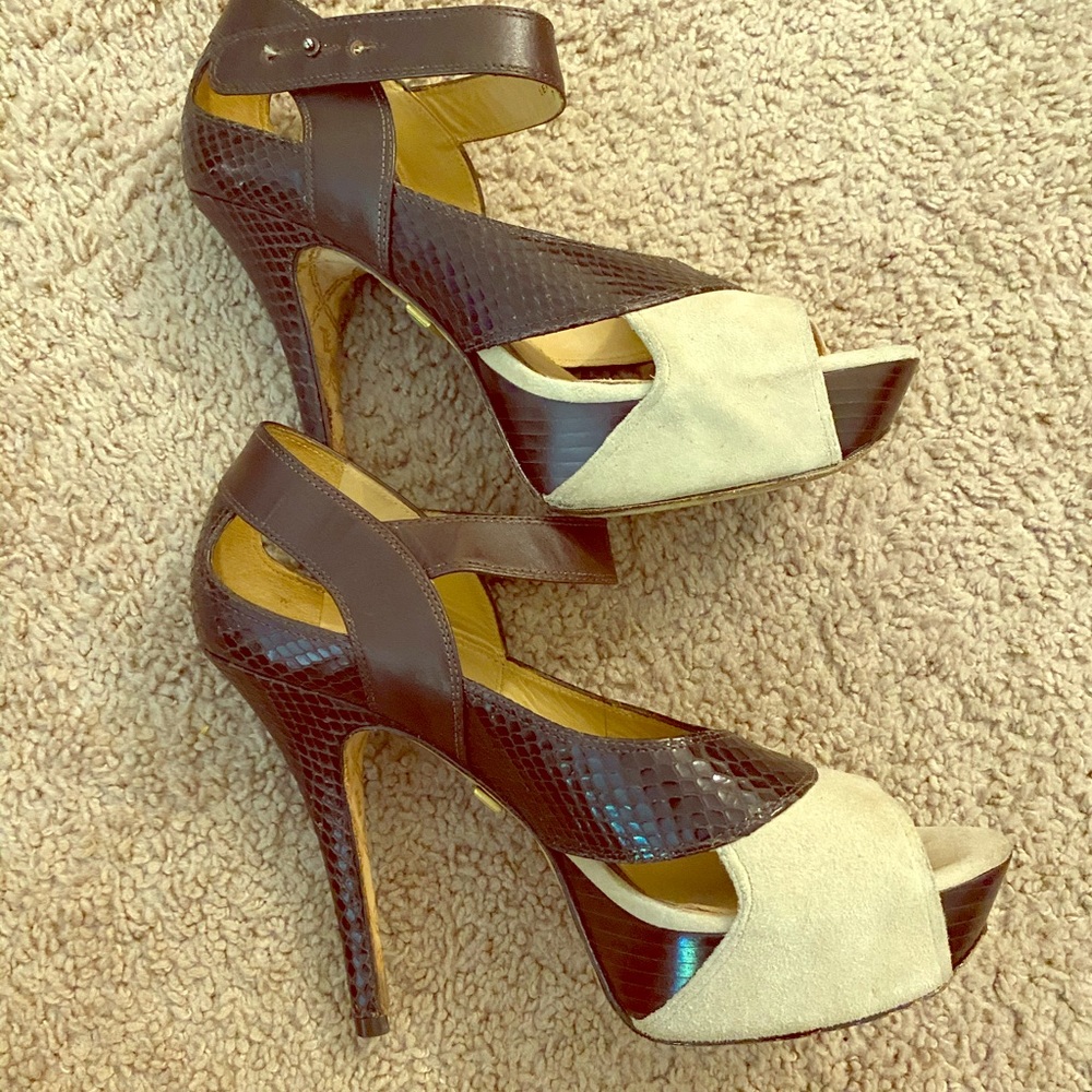 Lamb Taupe & Python Print Leather Platform Sandals - image 1